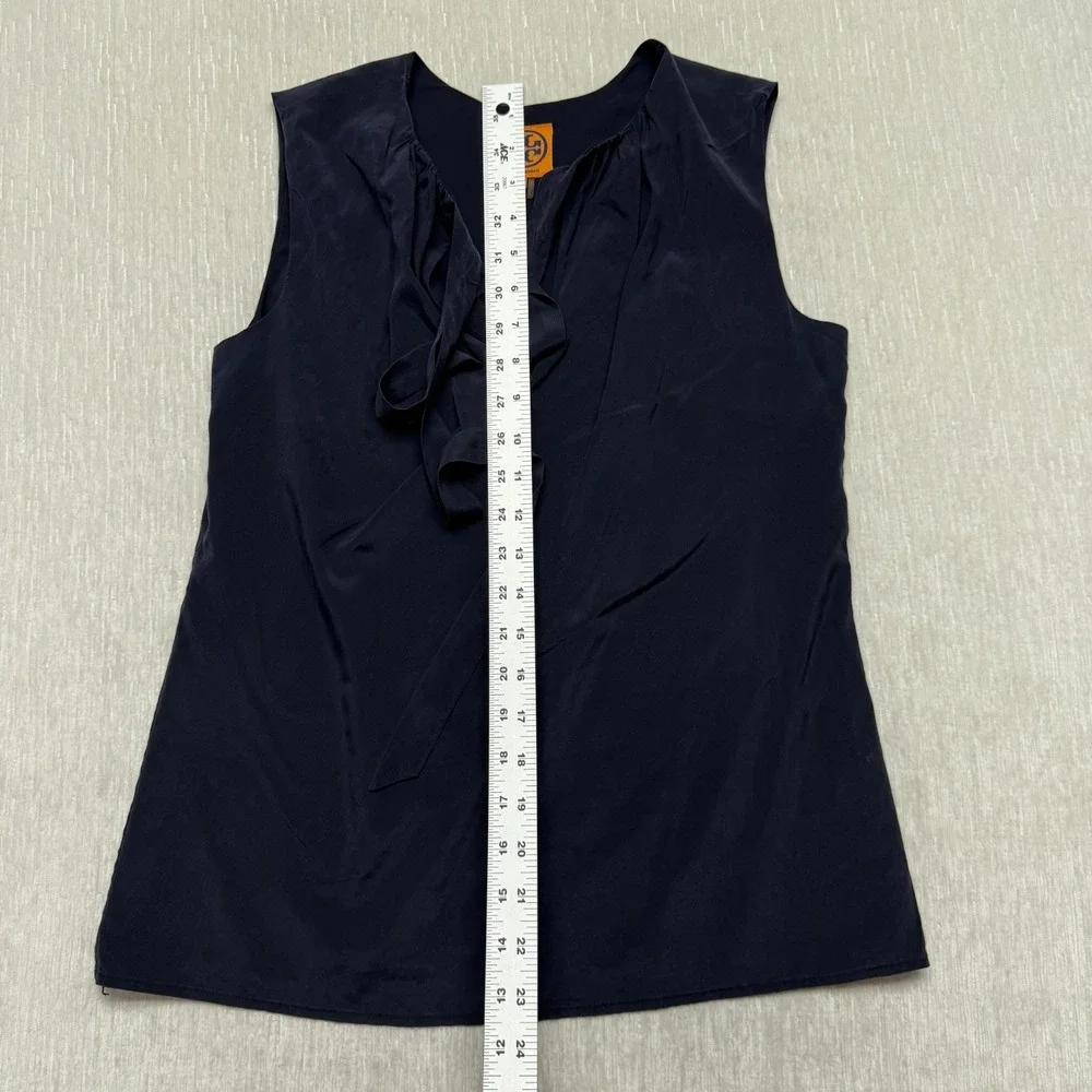 Tory Burch Silk Blouse Top Women 2 Navy Blue Sleeveless Ruffle Career Elegant